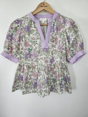 ENTRO Women's Botanical Floral Peplum Top Lavender Puff Sleeve Size Small NWT